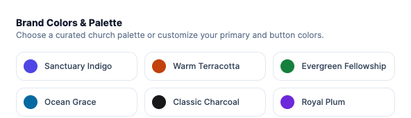 Brand color palettes such as Sanctuary Indigo, Warm Terracotta and Evergreen Fellowship