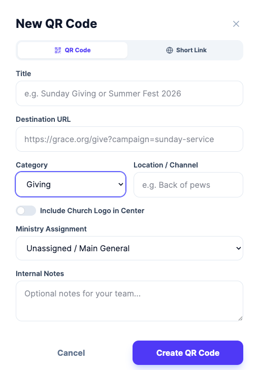 Linkwell's New QR Code form with title, destination URL, category, location and ministry fields
