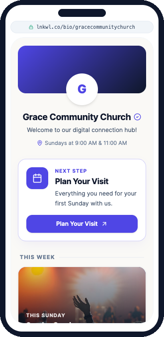 Live mobile preview of a church welcome page built in Linkwell